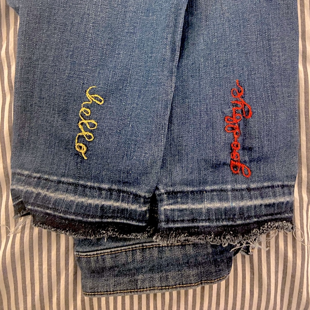 Levi’s Upcycled Demin Embroidered Hello/Goodbye Raw Hem Jeans